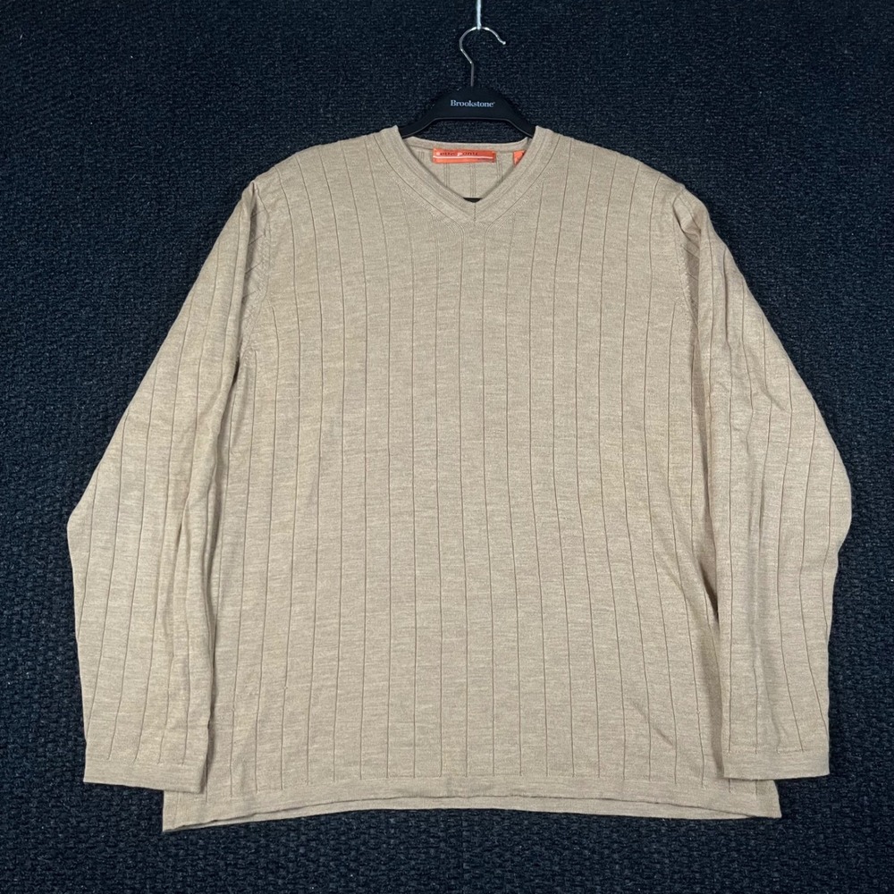 Sette Ponti Mens‎ XL Tan Beige 100% Merino Wool Ribbed V-Neck Sweater Italy
